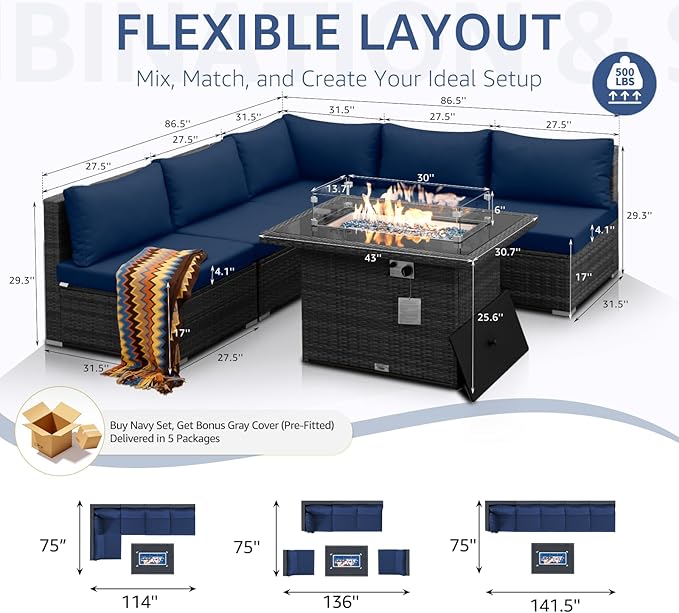 NICESOUL 6 Piece Modern Wicker Patio Furniture Set with Firepit Natural Gas/Propane, 29.3'' High-Back Deep Wide Seat Outdoor Conversation for Backyard, Oversized Sofa Couch, 2 Color Cushion Navy&Gray