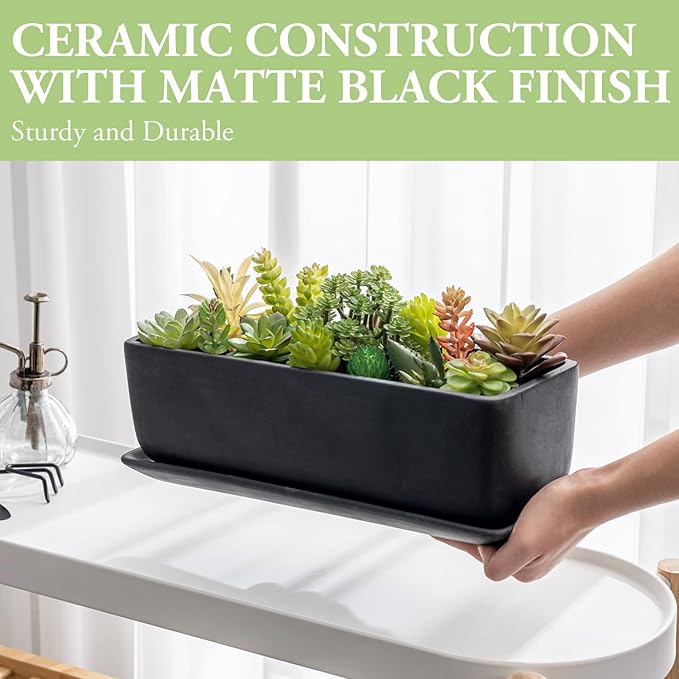 MyGift 14 Inch Ceramic Indoor Plant Pot, Rectangular Succulent Planter, Decorative Flower Planter with Drainage Hole and Removable Tray, Matte Black
