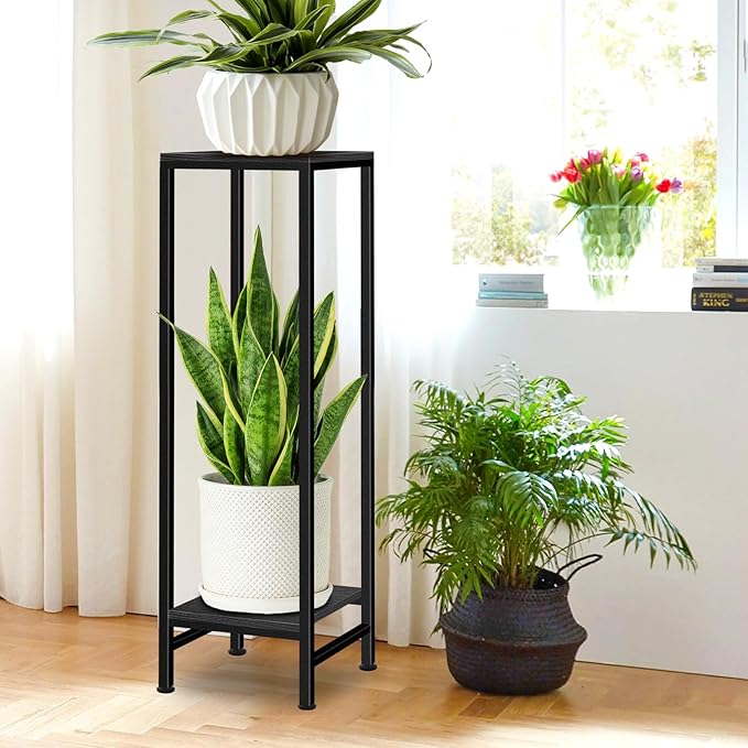 Plant Stand Indoor, 41'' Tall Plant stands for Indoor Outdoor Plants, 2 Tier Heavy Duty Metal Pedestal Stand Modern Display Rack for Living Room, Black