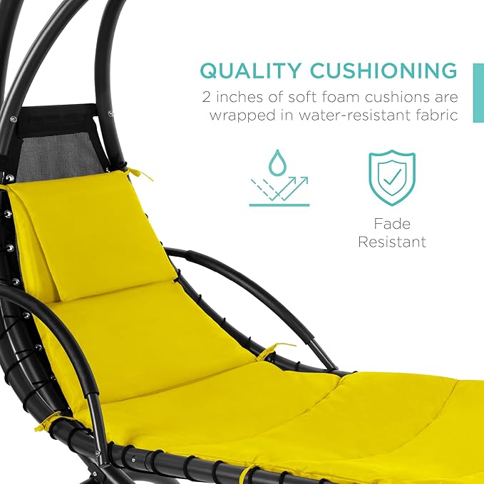 Best Choice Products Outdoor Hanging Curved Steel Chaise Lounge Chair Swing w/Built-in Pillow and Removable Canopy - Yellow