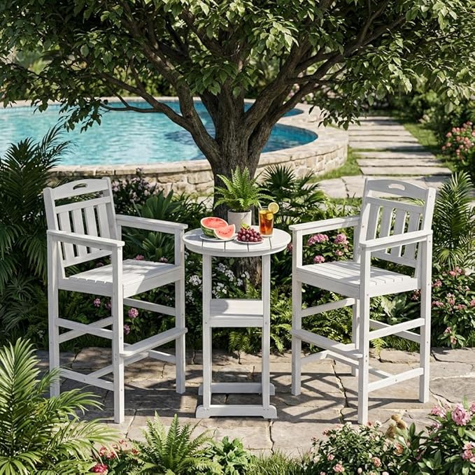 Ciokea Heavy Duty Bar Height Chair, 380lbs Outdoor Adirondack Tall Bar Chair Patio Stool with Arms & High Back, Heavy Duty All-Weather for Balcony, Poolside, Deck and Garden, White