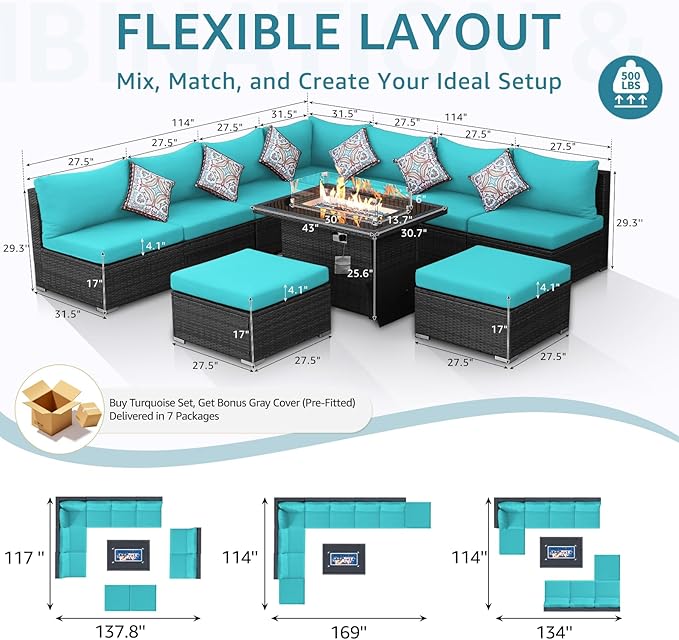 NICESOUL10 Piece Outdoor Couch Furniture Set with Fire Pit Natural Gas/Propane, 29.3'' High Back Luxury Comfortable Conversations, Deep Wide Seating Sofa Sectional, Brown and Turquoise