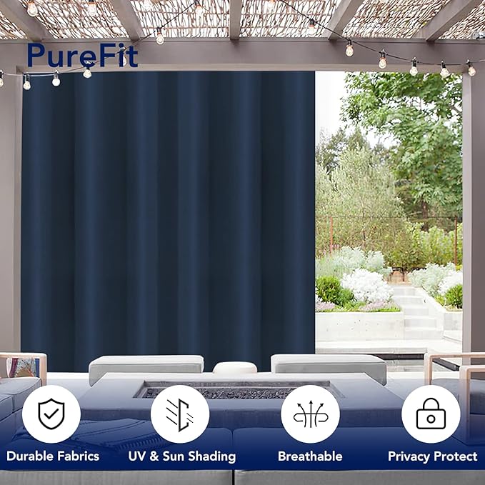 PureFit Outdoor Curtains for Patio Waterproof Weatherproof, UV Resistant Outside Curtains for Gazebo, Front Porch, Pergola, Sun Blocking Privacy Curtain, 100W x 120L inch, 1 Panel, Navy Blue