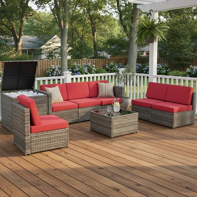 Tangkula 8 Pieces Wicker Patio Furniture Set with Storage Deck Box, PE Rattan Outdoor Sectional Sofa Conversation Set with Coffee Table & Cushions, Outside Furniture for Garden Yard Poolside (Red)