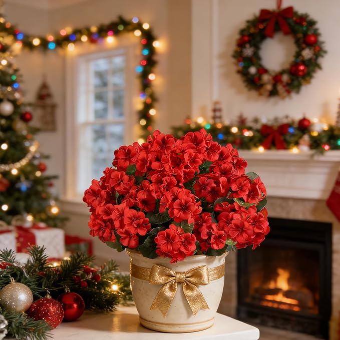Artificial Flowers for Outdoors, 6 Bundles Realistic Silk Fake Red Geraniums, No Fade Faux Plastic Flowers for Outdoor Planters, Hanging Baskets, Window Boxes, Porch, Patio Decor