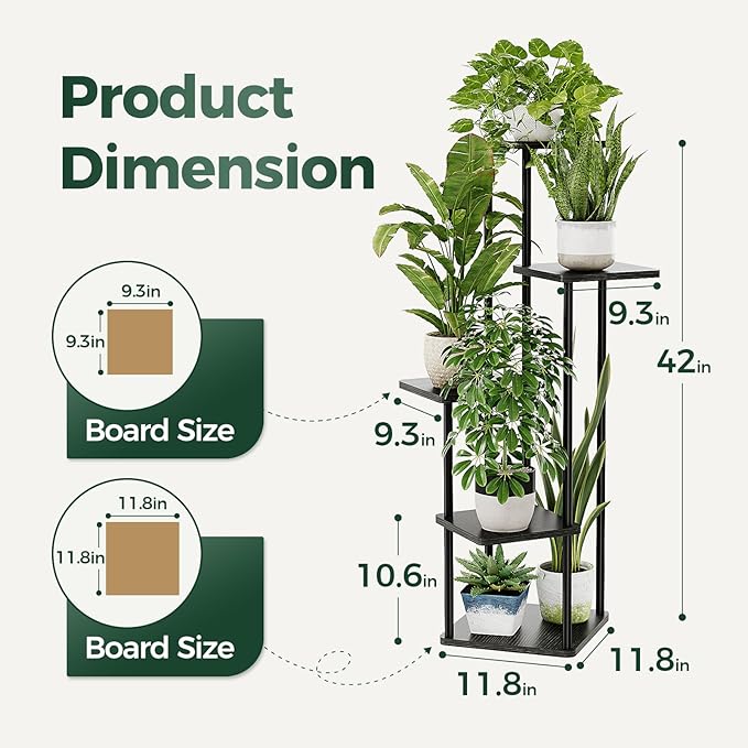 Bamworld Black Plant Stand Indoor 5 Tier Plant Shelf for Multiple Plants Corner Flower Stand Metal Wood Plant Table for Patio Garden Balcony Living Room Bedroom