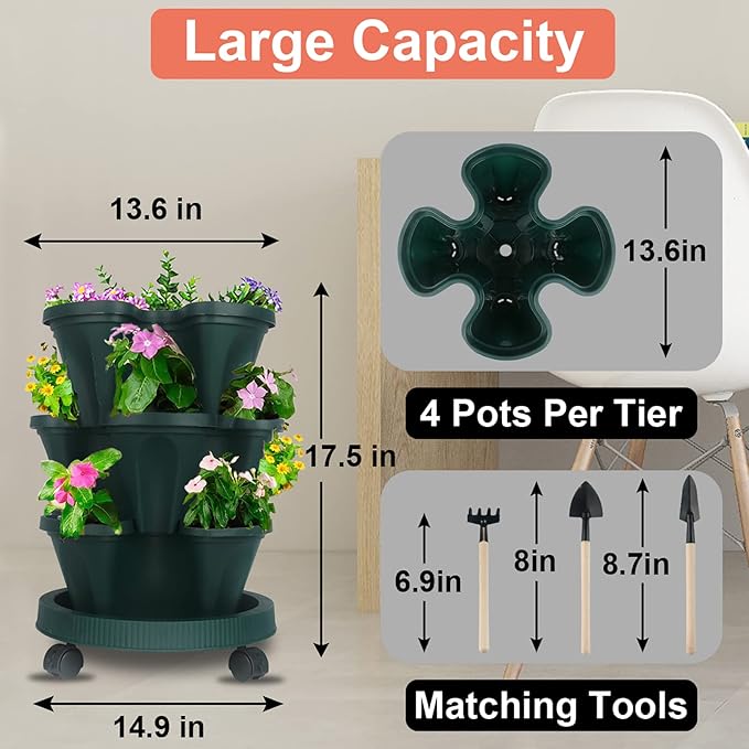 DUNCHATY Stackable Planter, Vertical Garden Planter with Wheels and Tools, Self Watering Strawberry Planter Indoor/Outdoor 3 Tier Herb Planter Pots for Growing Vegetables and Succulents,Pine Green