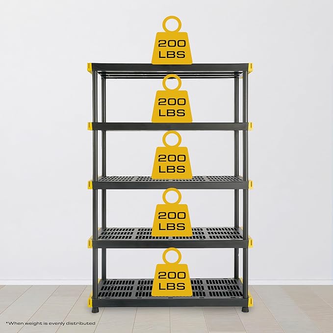 CX Black & Yellow, 5-Tier Heavy Duty Plastic Storage Shelves that Support up to 200lbs/shelf, Organization and Storage, Weather-Resistant Design, Easy Assembly (72”H x 48”W x 20”D)