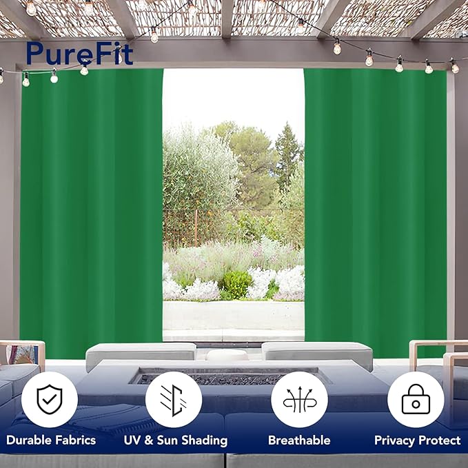 PureFit Outdoor Curtains for Patio Waterproof Weatherproof, UV Resistant Outside Curtains for Gazebo, Front Porch, Pergola, Sun Blocking Privacy Curtain, 52W x 84L inch, 1 Panel, Green