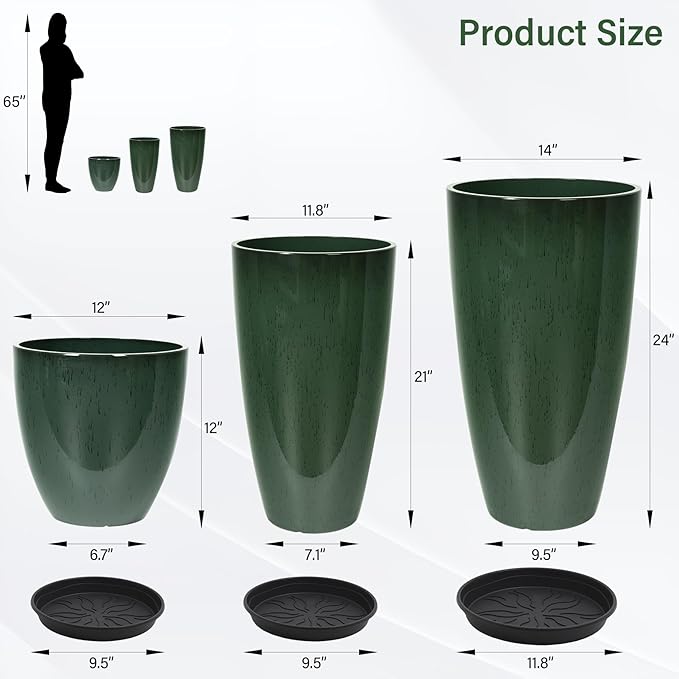 24/21/12 Inch Large Plastic Planter, Lightweight Ceramic-Look Tall Planters with Drain Hole & Saucers, Tall Plastic Planters for Porch, Garden, Patio, Balcony(Dark Green)