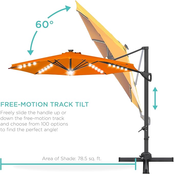 Best Choice Products 10ft Solar LED Cantilever Patio Umbrella, 360-Degree Rotation Hanging Offset Market Outdoor Sun Shade for Backyard, Deck, Poolside w/Lights, Easy Tilt, Cross Base