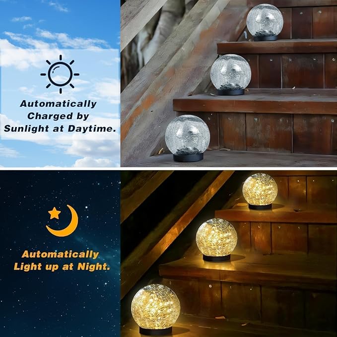 Solar Garden Lights Outdoor Waterproof, 6 Pack LEDs Cracked Glass Ball Light, Ground Landscape Garden Decor, Solar Globe Decorative for Pathway/Patio/Lawn/Yard, 3.9"