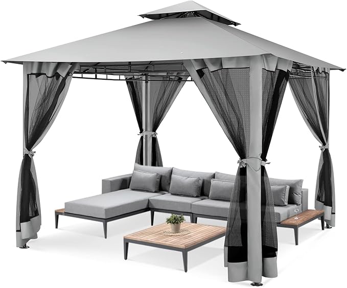 COBIZI Gazebo 10x10 Heavy Duty Gazebos with Improved Nettings Outdoor Gazebo Double Roof Patio Gazebos with Metal Steel Frame Outdoor Canopy for Patio, Deck, Backyard (Gray)