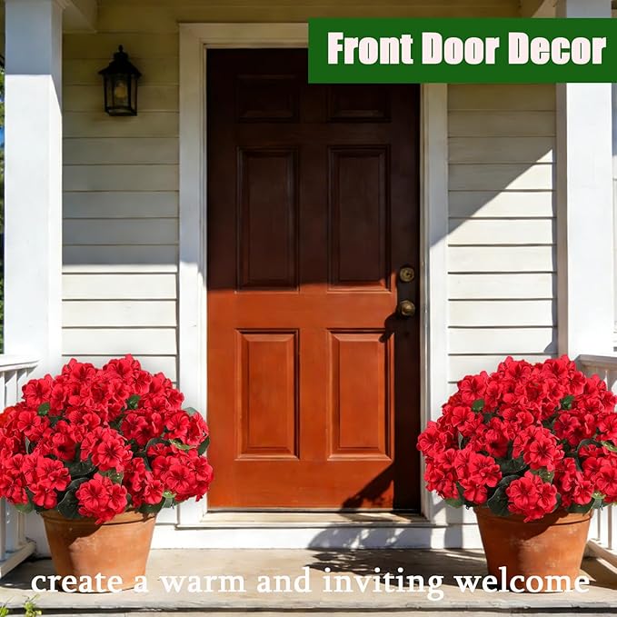 Artificial Flowers for Outdoors, 6 Bundles Realistic Silk Fake Red Geraniums, No Fade Faux Plastic Flowers for Outdoor Planters, Hanging Baskets, Window Boxes, Porch, Patio Decor