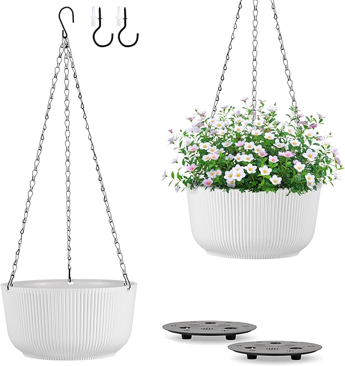 11.2 Inch Hanging Planters for Outdoor Indoor Plants, Set of 2 Self-Watering Hanging Pots with Drainage Hole & Plug II Screw-in Hooks II Non-deforming