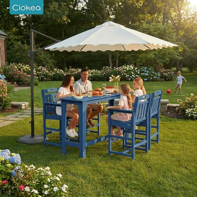 Ciokea Outdoor Bar Height Table Set of 5, 60" Extra Long Rectangle High Top Table and 4 Oversized Adirondack Chairs Set, Heavy-Duty All-Weather HDPE Patio Bar Set for Backyard Balcony Deck, Navy Blue