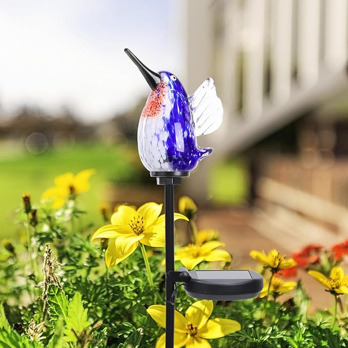 Bshine Solar Garden Decoration Outdoor Hummingbird Lights Stake, Hand Blown Glass Waterproof Solar Light Decorate Paths, Pathways, Lawns and Yards Art for Mom Gifts
