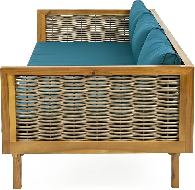 Merax 67.5" Outdoor Patio Daybed 3 Seater Sofa Bed,Acacia Wood Frame with Rattan Arm,Cushion & Pillow for Courtyard