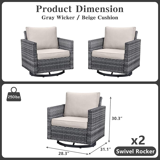 Belord Wicker Chairs Outdoor Bistro Set Oversize Patio Swivel Rocker, Rattan Outdoor Seating Set of 2 Swivel Glider Chairs Wicker Furniture for Porch Deck Backyard with Water-Resistant
