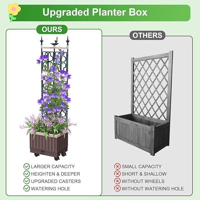 Raised Garden Bed Planter Boxes with Trellis,61.4" Self-Watering Trellis with Planter Box for Climbing Plants Flowers Vegetables with Wheels,Use for Indoor Outdoor