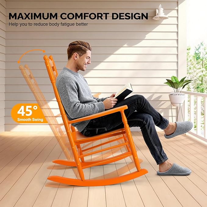 VINGLI Wooden Rocking Chair, Outdoor Chair with 450 lbs Support, Relaxing Rocker with Solid Wood High Back Seat Reclining Seat for Deck, Garden, Backyard, Porch, Indoor or Outdoor Use (Orange, 2PCS)