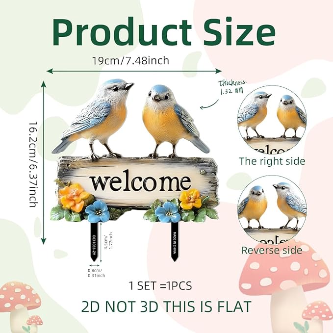 Fairy Garden Stake Decor, Acrylic 2D Garden Fairy Decoration, Fairy Garden Accessories for Outdoor Indoor Yard Lawn Pot Plants (Two-Birds)