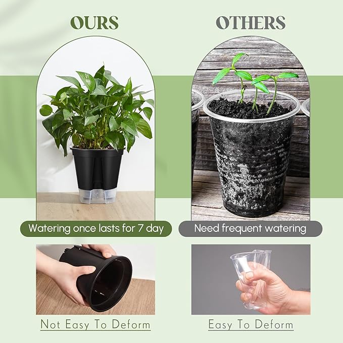 Self Watering Pots for Indoor Plants with Deep Reservoir and High Drainage Holes for Outdoor Plants and Flowers, Bare Root Planter (5.91'',Black,9 Pcs)