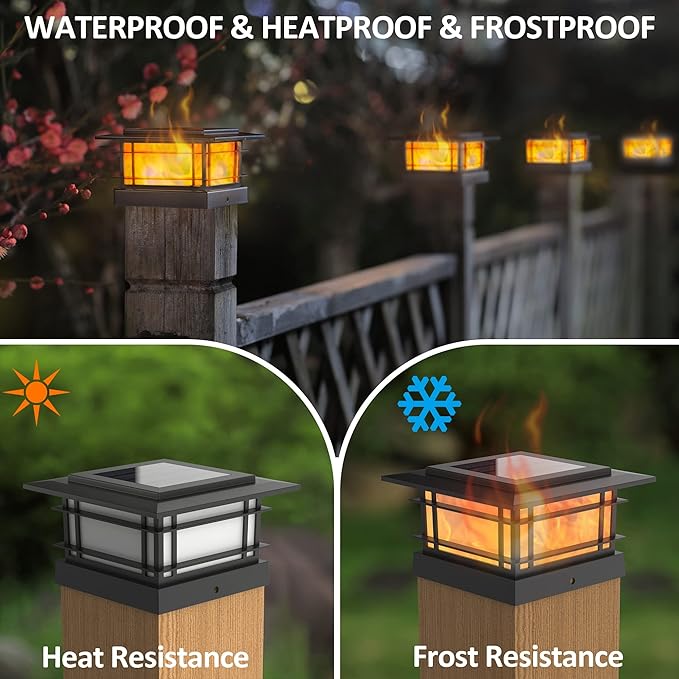 Dynaming 2 Pack Solar Post Cap Lights Outdoor with Flickering Flame Light, Fence Post Solar Lights Fit for 4x4 5x5 6x6 Vinyl/Wooden Posts, High Brightness SMD LED Lighting Decor for Garden Deck Patio