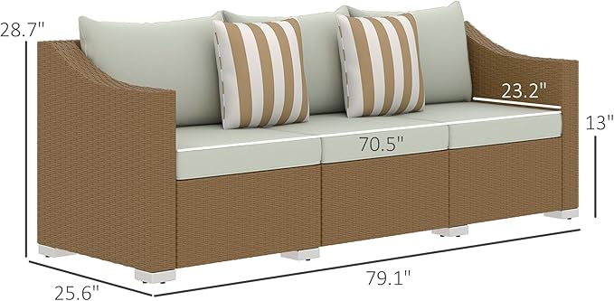 Outsunny 3 Seater Patio Sofa, Wicker Sofa with Cushions, Outdoor Furniture Rattan Couch with 2 Throw Pillows, Deep Seating, for Garden, Backyard, Porch, Light Gray