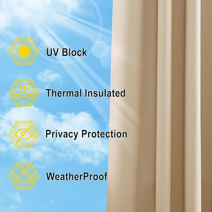 NICETOWN Waterproof Outdoor Curtain W66 x L95 inch, Stainless Grommet Sunlight Blocking Weatherproof Drape Blackout Curtains for Gazebo/Patio Porch/Pergola/Cabana (Biscotti Beige, 1 Panel)