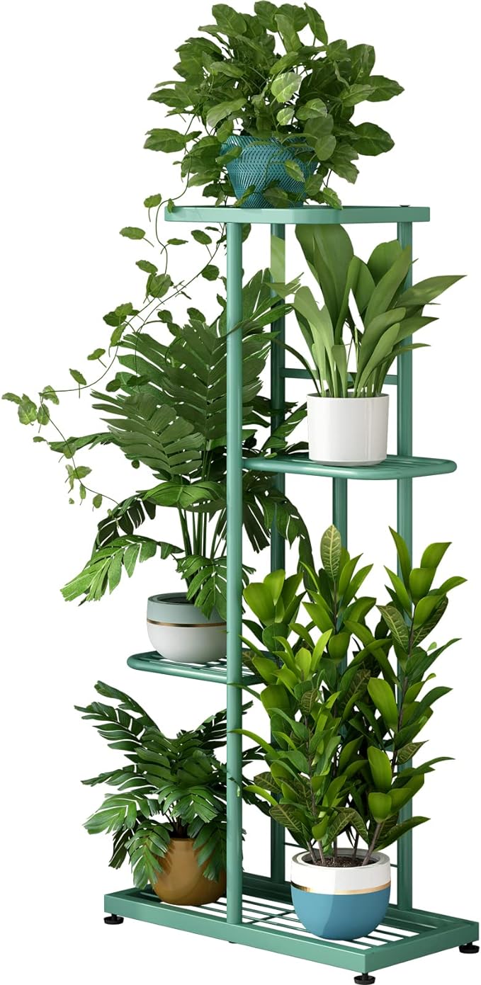 LINZINAR Metal 4 Tier 5 Potted Indoor Outdoor Plant Stand Shelf Planter Display for Patio Garden Corner Balcony Living Room