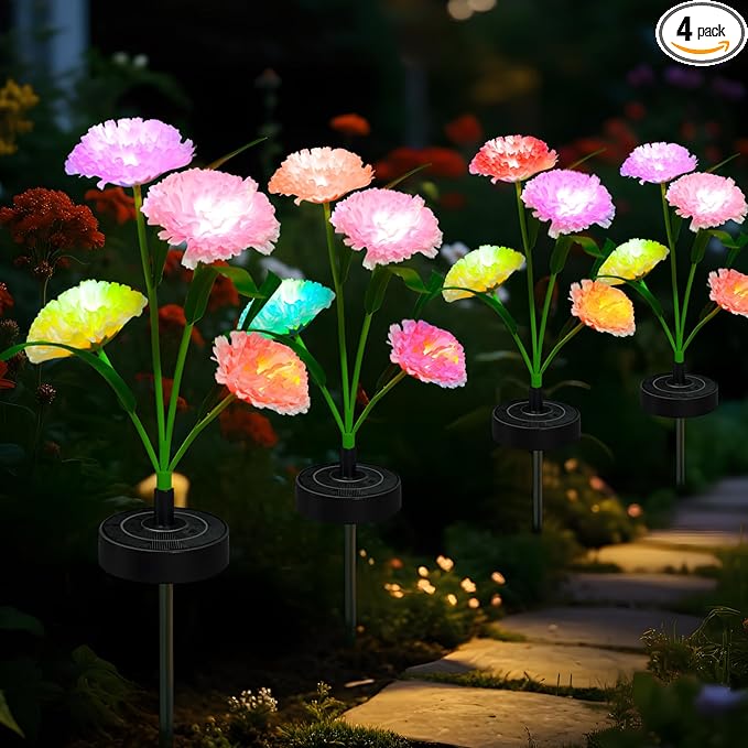 Upgraded Solar Garden Lights, 4 Pack Outdoor Solar Lights, New Round Panel for 40-Hour Runtime, Serve as Outdoor & Indoor Decor, 7-Color Changing Flower Lights, Waterproof for Patio Yard Decoration
