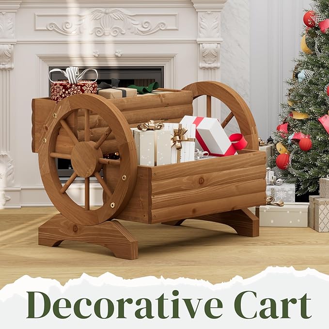 Wooden Wagon Planter Flower Cart with Wheels Garden Box Garden Planter, Decorative Planter for Flowers Herbs Vegetables for Indoor & Outdoor Décor Flower Cart for Patio Garden Balcony (Brown)