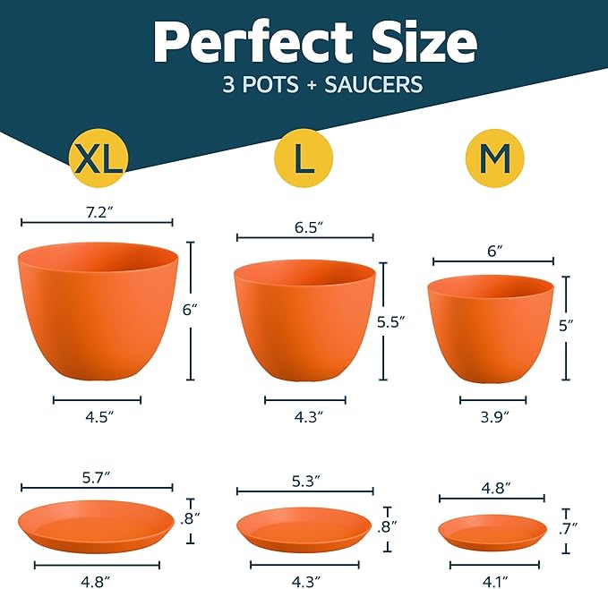 Yellow Plant Pots with Drainage Holes & Saucers 3 Pack, Indoor & Outdoor Stackable Space-Saving Planters for Houseplants & Flowers, (7", 6.7", and 6" Inches), Durable & Weatherproof Materials