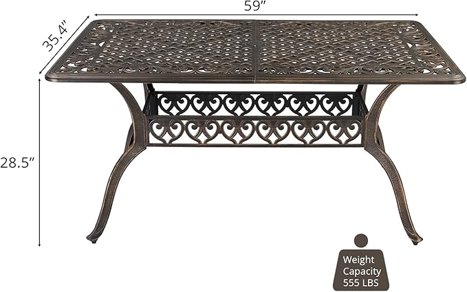 VINGLI 6-Person Outdoor Dining Table, Cast Aluminum Patio Dining Table with Umbrella Hole, Rectangle Patio Table Outdoor Furniture Garden Table (59" Lx35.4W x28.5 H)