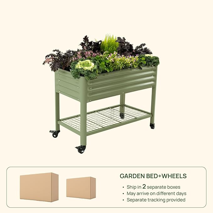 Rolling Elevated Raised Garden Bed-V Series, 2' x 4' Garden Beds with Legs & Storage Rack for Patio & Porch, 700 Lbs Weight Capacity, Outdoor Planter Box for Vegetables Flower Herbs, Pearl White
