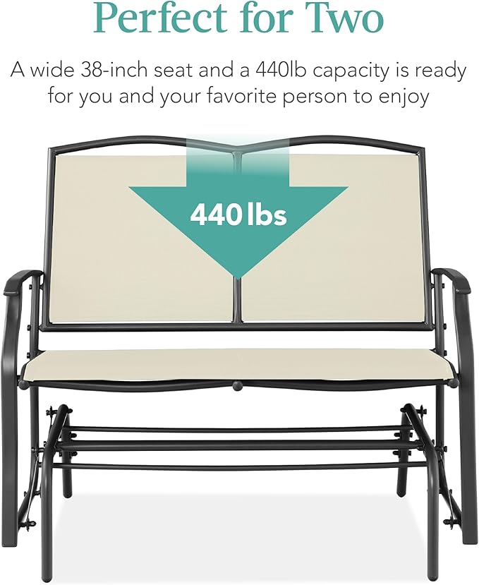 Best Choice Products 2-Person Outdoor Patio Swing Glider Steel Bench Loveseat Rocker for Deck, Porch w/Textilene Fabric, Steel Frame - Ivory/Gray
