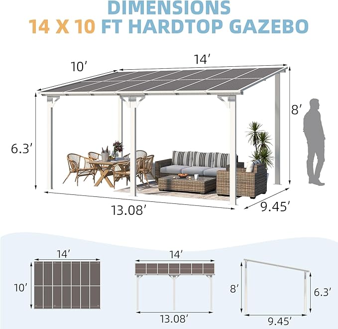 AECOJOY 14' x 10' Gazebo in White, Large Wall Mounted Gazebos on Clearance, Outdoor Patio Lean to Gazebo Metal Awnings for Decks, Patio, Porch, Backyard and More