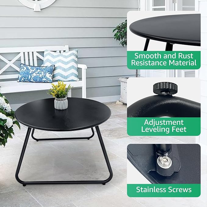 Patio Outdoor Coffee Table Set of 2, Weather Resistant Steel Round End Tables, Outdoor Nesting Table for Patio, Balcony, Bistro and Indoor, Black (Black)