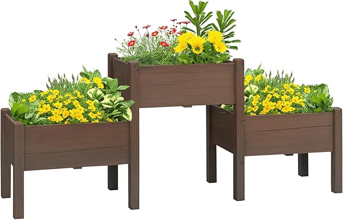 Outsunny Raised Garden Bed with 3 Planter Box, Elevated Wooden Plant Stand with Drainage Holes, for Vegetables, Herb and Flowers, Coffee