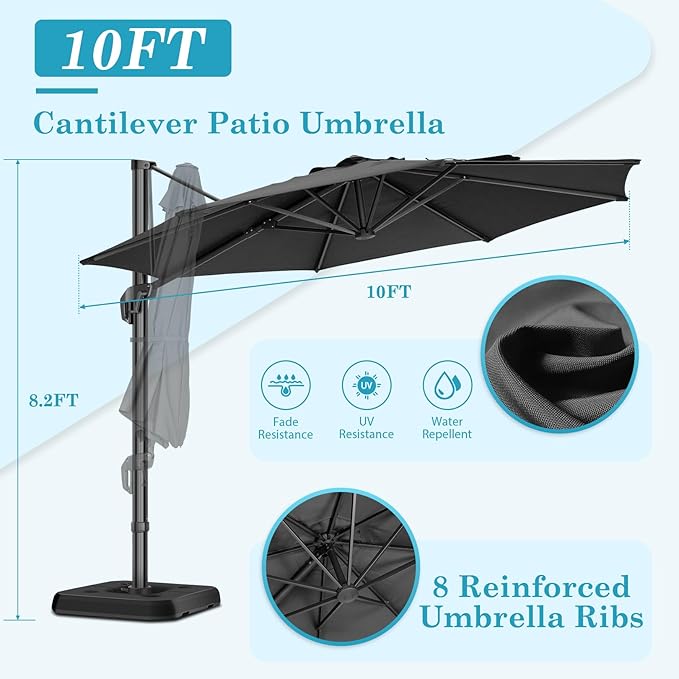 HOTEEL10x10ft Patio Umbrella Cantilever Umbrellas - Upgrade and Intensify - 360 Rotation and 5 Angles Adjustment - Aluminum Offset Pool Umbrella Outdoor Umbrellas for Patio Garden Pool
