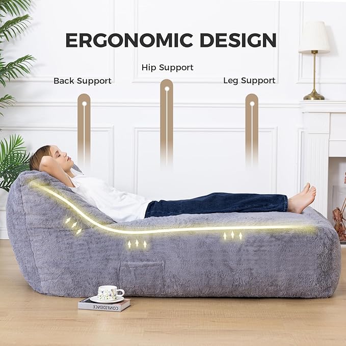 Giant Bean Bag Lounger Chair for Adults with Soft & Cozy Plush Fabric,Memory Foam Filled Beanbag Chair for Family Living Room,Bedroom and Game Room (Grey)