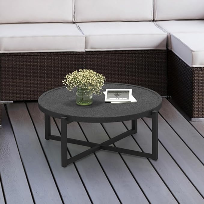 COSIEST Small Round Outdoor Coffee Table Dark Grey, 12''Hx31.5'''All-Weather Concrete Top Patio End Table W Metal Frame for Garden, Balcony and Living Room