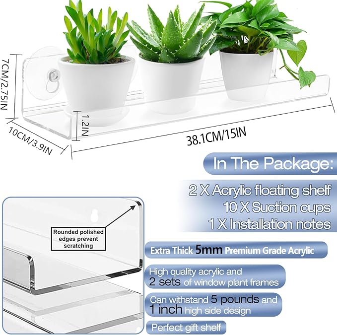 2-Pack 15 Inch Acrylic Window Boxes Plant Shelves, with Suction Cup Window Sill Extender, for Indoor/Outdoor Succulents, Micro Greens, Seed Starter Pots, Herb Planters