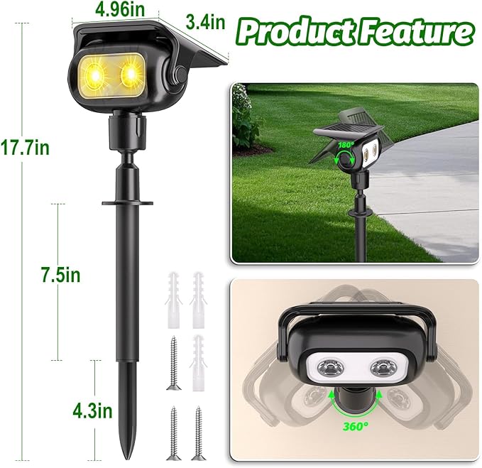 Nreonrick Solar Spot Lights 360° Adjustable Solar Lights Outdoor IP65 Waterproof with 2-in-1 Solar Powered Spotlights for Landscape Lighting for Garden, Yard, Pathway (Warm White, 2 Pack)