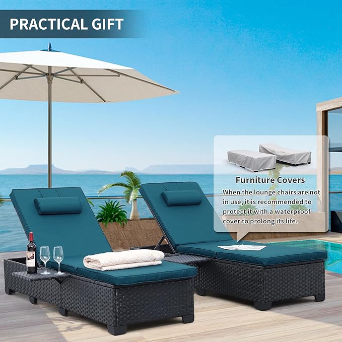 WAROOM Outdoor Chaise Lounge Chairs for Outside Patio Furniture Set of 2 Wicker Recliner Black Rattan Sunbathing Lounger Adjustable Backrest Pool Reclining Chair, Peacock Blue Cushion