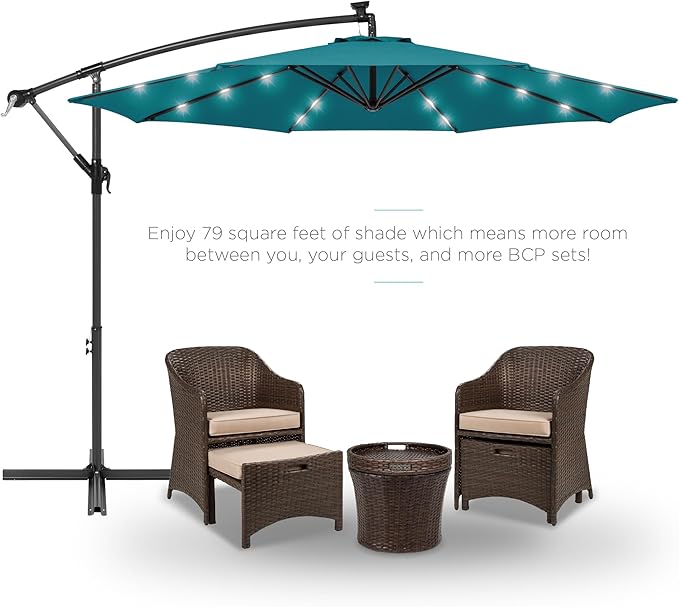 Best Choice Products 10ft Solar LED Offset Cantilever Hanging Market Patio Umbrella, 8 Sturdy Ribs, Easy Adjustment - Cerulean