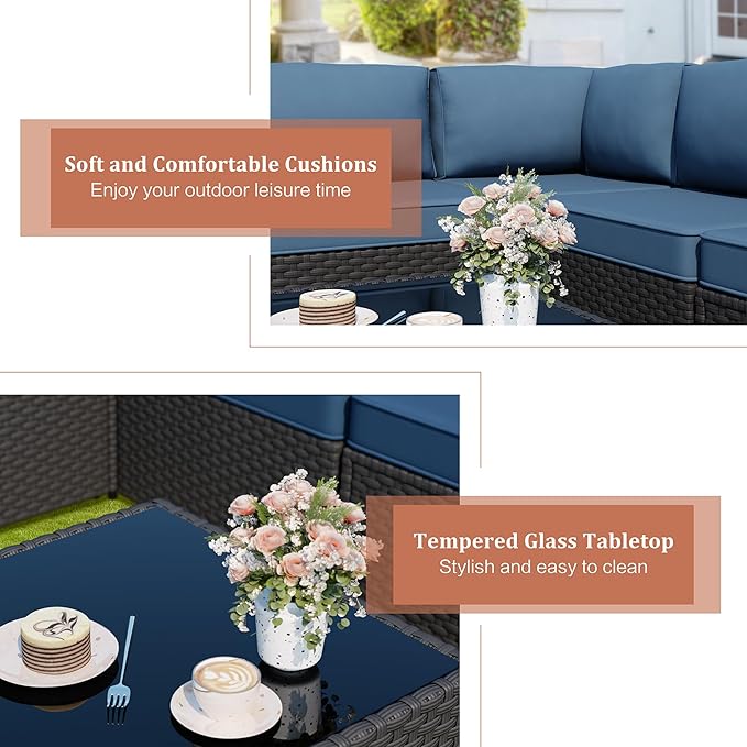 JAMFLY Patio Furniture Sets, 5-Piece Outdoor Patio Furniture with Thick Cushions, Wicker Outdoor Conversation Set Sectional Sofa for Backyard, Poolside, Garden, Aegean Blue