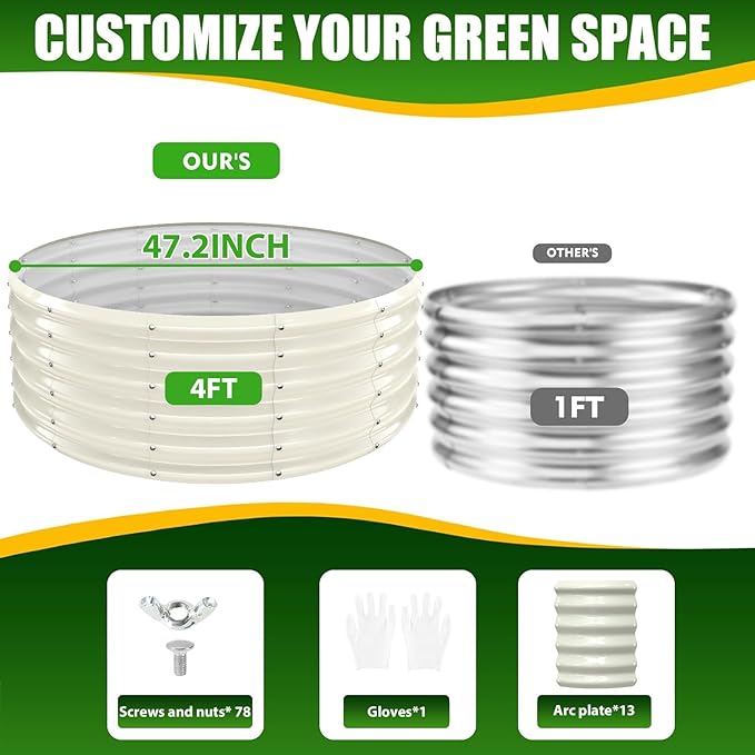17" Tall Elevated Round Metal Rised Garden Bed- 4'x4' in Size and 0.8MM Thick Durable Planter Box for Vegetables Flowers Succulent at Patio/Garden Outdoor (White, 4FT Diameter)