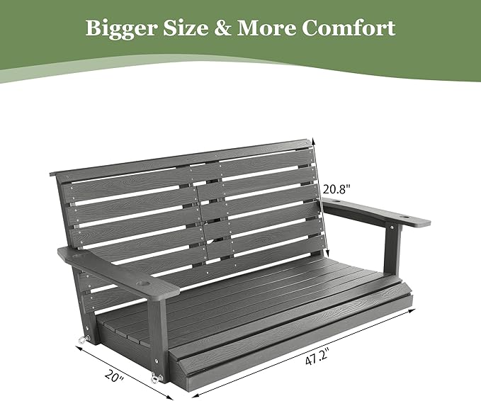 Poly Lumber 2-Seat Porch Swing, HIPS 4.5-Feet Bench Swing with Foldable Cup Holders,18/8 Stainless Steel Hardware, High Backrest and Deep Contoured Seat (Deep Gray, 4.5-feet)